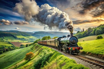 Obraz premium Classic locomotive and railway tracks wind through scenic hills, a majestic steam train scene.