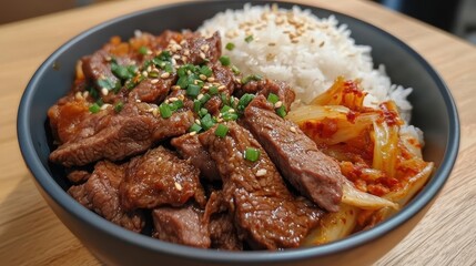 Fototapeta premium Delicious bulgogi beef bowl with rice and kimchi. Perfect for illustrating Korean cuisine, food blogs, or restaurant menus.