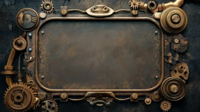 Vintage mechanical frame with moving gears creating a retro steampunk border animation