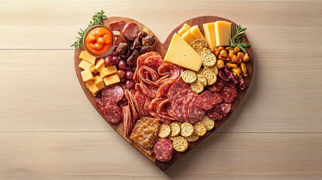 Heart-Shaped Charcuterie Board with Assorted Meats, Cheeses, and Fruits - Powered by Adobe