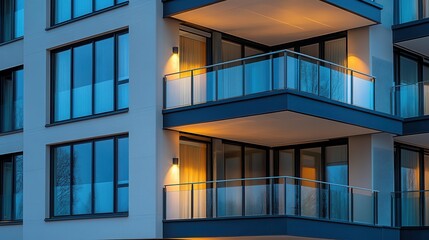 Fototapeta premium Apartment building exterior, close-up of sleek balconies and modern facade, soft light casting shadows