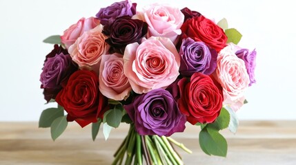 Obraz premium A florist arranging a modern rose bouquet with a combination of pink, red, and purple roses, highlighting each bloom's shape and texture