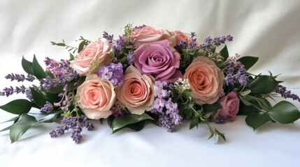 A fresh rose bouquet with pastel pink and lavender hues, delicately placed on white linen