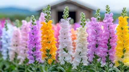 Colorful snapdragon flowers in garden, rural shed background, nature scene, ideal for gardening blogs