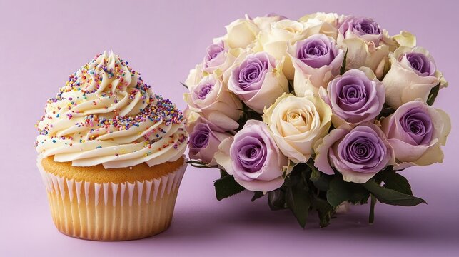 A fresh bouquet of lavender and cream roses placed next to a stack of birthday cupcakes with sprinkles