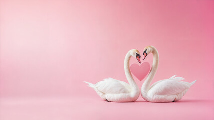 Fototapeta premium couple swans forming a heart shape with their necks on a soft pink background symbolizing love and romance