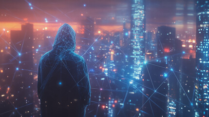 Hacker are planning to hack and attack networks and cyber security systems.Smart digital city with connection Innovation network reciprocity over the cityscape