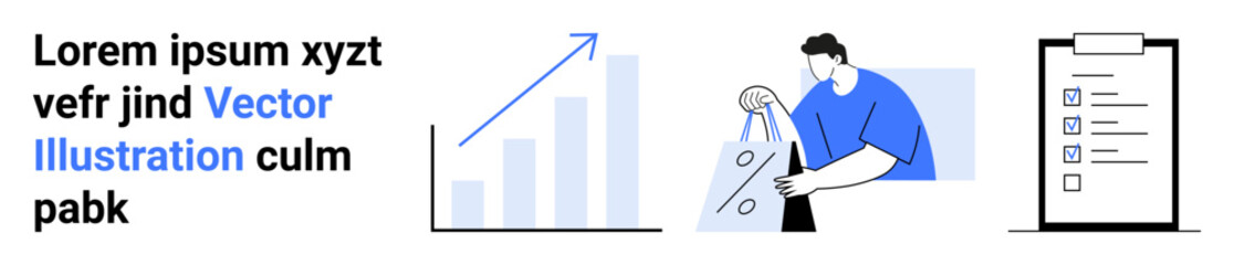 Text block, ascending bar graph with arrow, person holding shopping bags, and a checklist on clipboard. Ideal for business presentations, marketing materials, e-commerce, data analysis, task