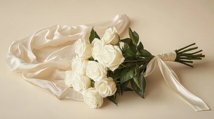 Fototapeta premium A minimalist bouquet of white roses tied with a silk bow, placed on a soft beige background