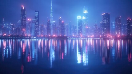 City skyline at night, close-up of city lights reflecting on water, soft glow from skyscrapers