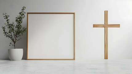 Naklejka premium un fondo con un porta retrato vacio o marco con espacio de copia junto a una cruz con una maceta decorativa con plantas diseño moderno minimalsita