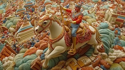 Cavalryman on white horse amidst miniature city, detailed relief sculpture