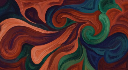 Abstract Swirl:  A captivating abstract artwork featuring swirling patterns in rich earthy tones of deep reds, browns, greens, and blues. The dynamic composition creates a sense of movement and depth.