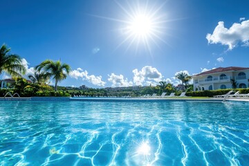 Fototapeta premium Bright and Inviting Tropical Pool Scene with Crystal Clear Water and a Sparkling Sun Above in a Beautiful Resort Environment