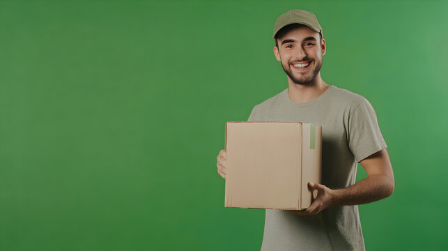 hombre joven sosteniendo una caja un paquete hombre repartidor sobre un fondo verde con espacio de copia servicio de paqueteria
