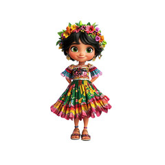 Adorable Animated Girl in Vibrant Floral Dress and Flower Crown