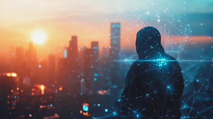 Hacker are planning to hack and attack networks and cyber security systems.Smart digital Innovation city with connection network reciprocity over the cityscape