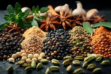 Obraz premium Aromatic spices and herbs collection with star anise, peppercorns, cardamom pods and fresh herbs arranged on dark rustic background, perfect for cooking and food photography.