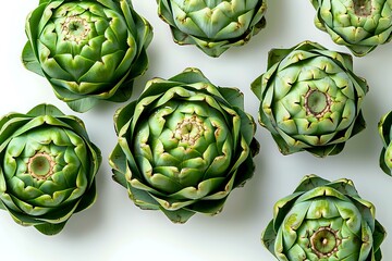Fototapeta premium Fresh artichokes arranged in a pattern on white background, top view. Natural organic vegetables showing detailed layered leaves and geometric patterns perfect for food styling.