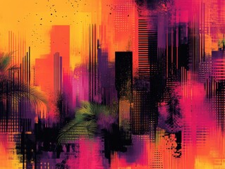 Vibrant urban abstract art with bold colors and dynamic patterns.