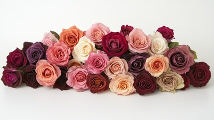 Fototapeta premium A stunning rose bouquet arrangement of roses in various colors, placed on a clean, white surface with soft lighting enhancing the petals