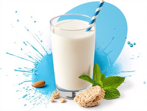 World milk day concenpt. A refreshing glass of milk with a straw, surrounded by mint leaves and cookies, set against a vibrant blue splash background.