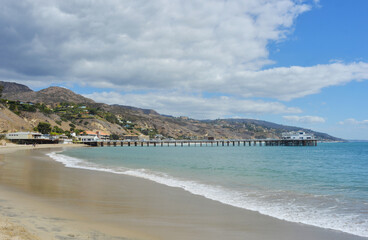 Malibu pier and beach, view over the Hills and the coast in California