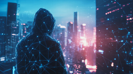 Hacker are planning to hack and attack networks and cyber security systems.Smart digital Innovation city with connection network reciprocity over the cityscape	