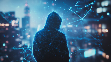 Hacker are planning to hack and attack networks and cyber security systems.Smart digital Innovation city with connection network reciprocity over the cityscape	