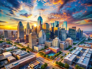 Obraz premium Double exposure magic: Philadelphia's skyline captured in breathtaking, realistic drone photography.