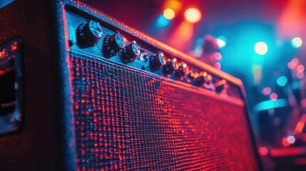 Electric guitar amplifier, close-up of amplifier knobs and settings, vibrant concert lights