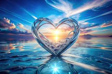 Double exposure photography creates a surreal, dreamy silver-blue heart.