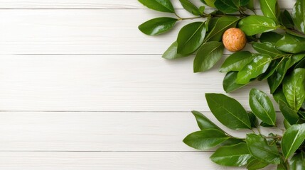 Lush green leaves and fruit on white wood; nature background; ideal for food, health, or beauty blogs
