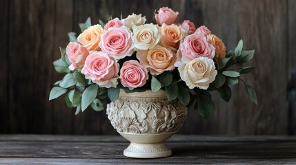 A vintage-style arrangement of pink and peach roses, placed in a decorative ceramic vase