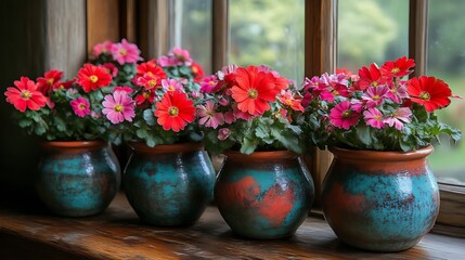 Fototapeta premium Vibrant red and pink flowers in rustic pottery pots