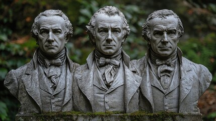 Historical busts of influential figures displayed in a lush garden setting during a cloudy afternoon