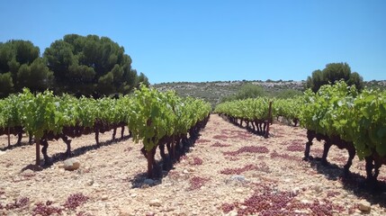 Naklejka premium Vineyard rows, sunny day, hills background, wine production