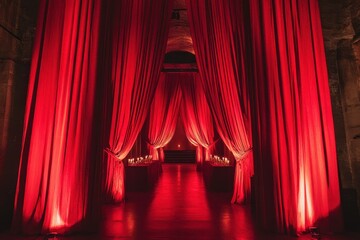 Crimson curtains frame a dimly lit passage. Perfect for mystery, drama, or romance themed projects.
