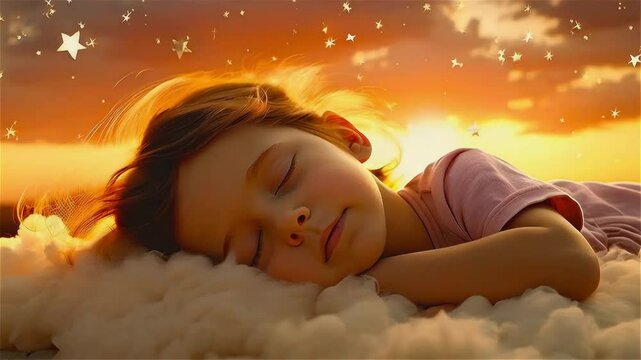 Cute baby sleeping sweetly on colorful clouds