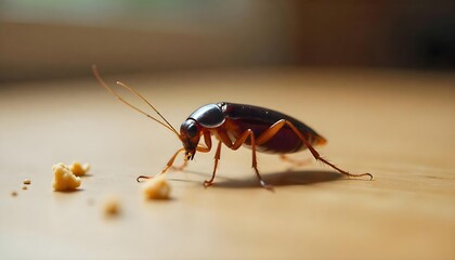 Closeup of Cockroach Eating Crumbs on Wooden Surface