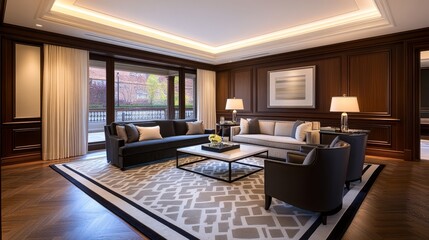 Modern living room with elegant furniture and warm wood accents.