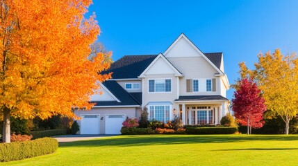 A beautiful suburban home surrounded by colorful autumn trees and a lush green lawn.