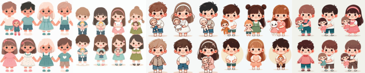 vector set of small children holding cute dolls