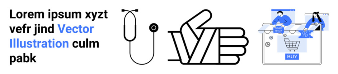 Stethoscope, thumbs up gesture, and digital shopping scenario with customers and shopping cart. Ideal for healthcare, e-commerce, customer feedback, satisfaction, digital commerce, modern business