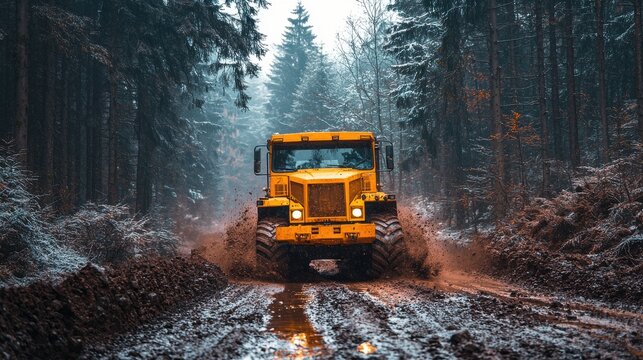 Heavy machinery clears muddy forest road on a chilly winter day in a remote location