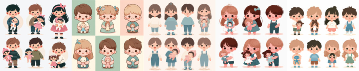 vector set of small children holding cute dolls