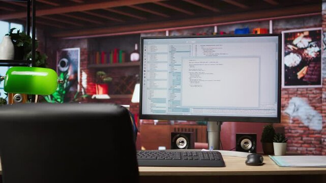 UI on PC screen in home office with programming code being executed. Coding application UI used by IT programmers to write and test code in modern apartment, panning shot
