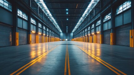 Fototapeta premium Vast empty warehouse with loading docks. Ideal for logistics, shipping, or industrial concepts.