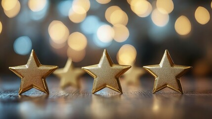 Golden stars on a wooden surface with blurred lights.