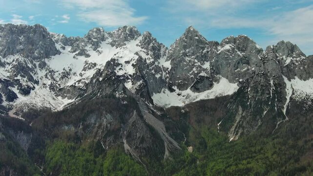 Aerial view of and breathtaking peaks of Triglav mountain. Julian Alps, Triglav National Park, Slovenia, 4k
